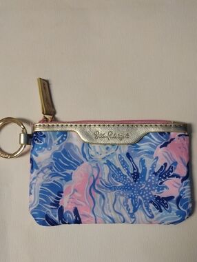 Lilly Pulitzer Blue Pink Floral Key Pouch/Wallet with Gold Trim